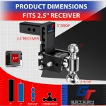 Geteen Adjustable Trailer Hitch for 2.5" Receiver, Dual Ball, 5" Drop, 15,000 lbs - Image 3