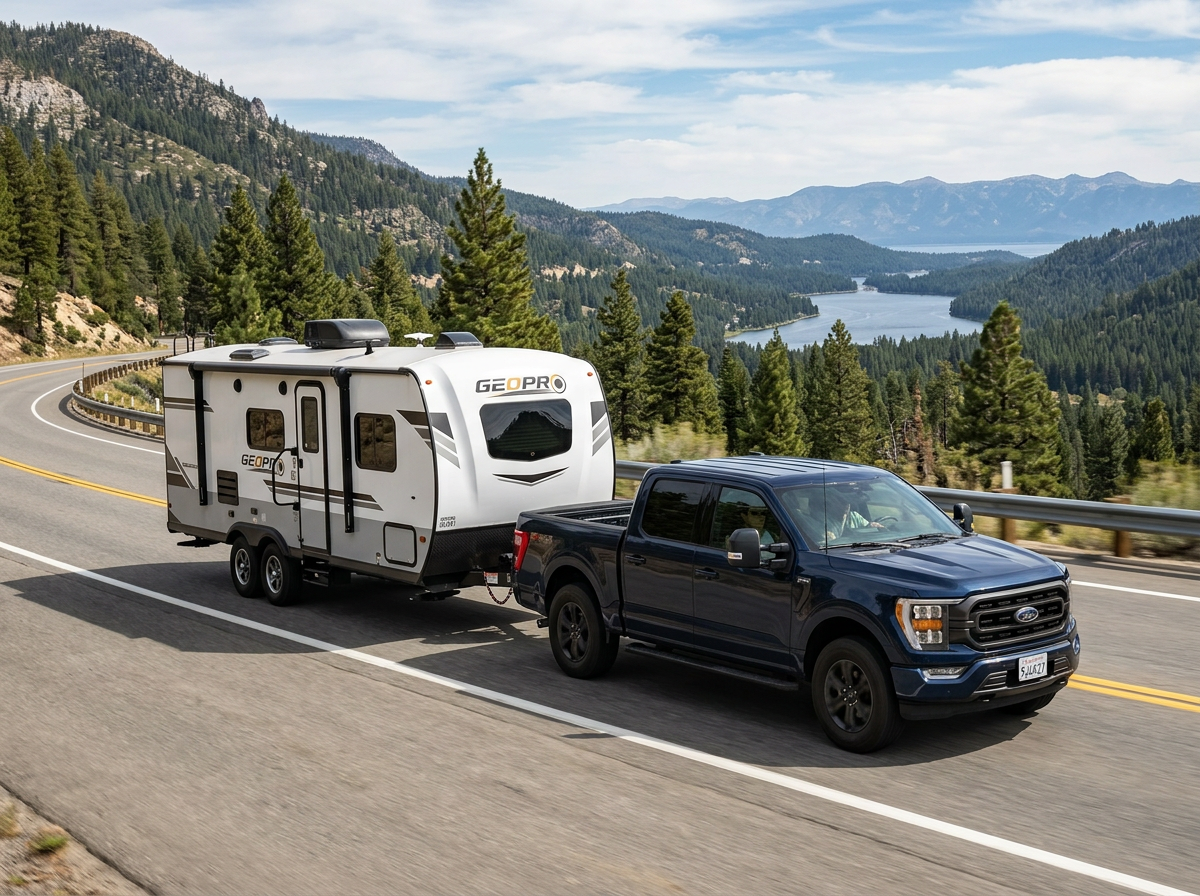 Blue pickup truck towing white GeoPro camper on mountain road with pine trees and lake