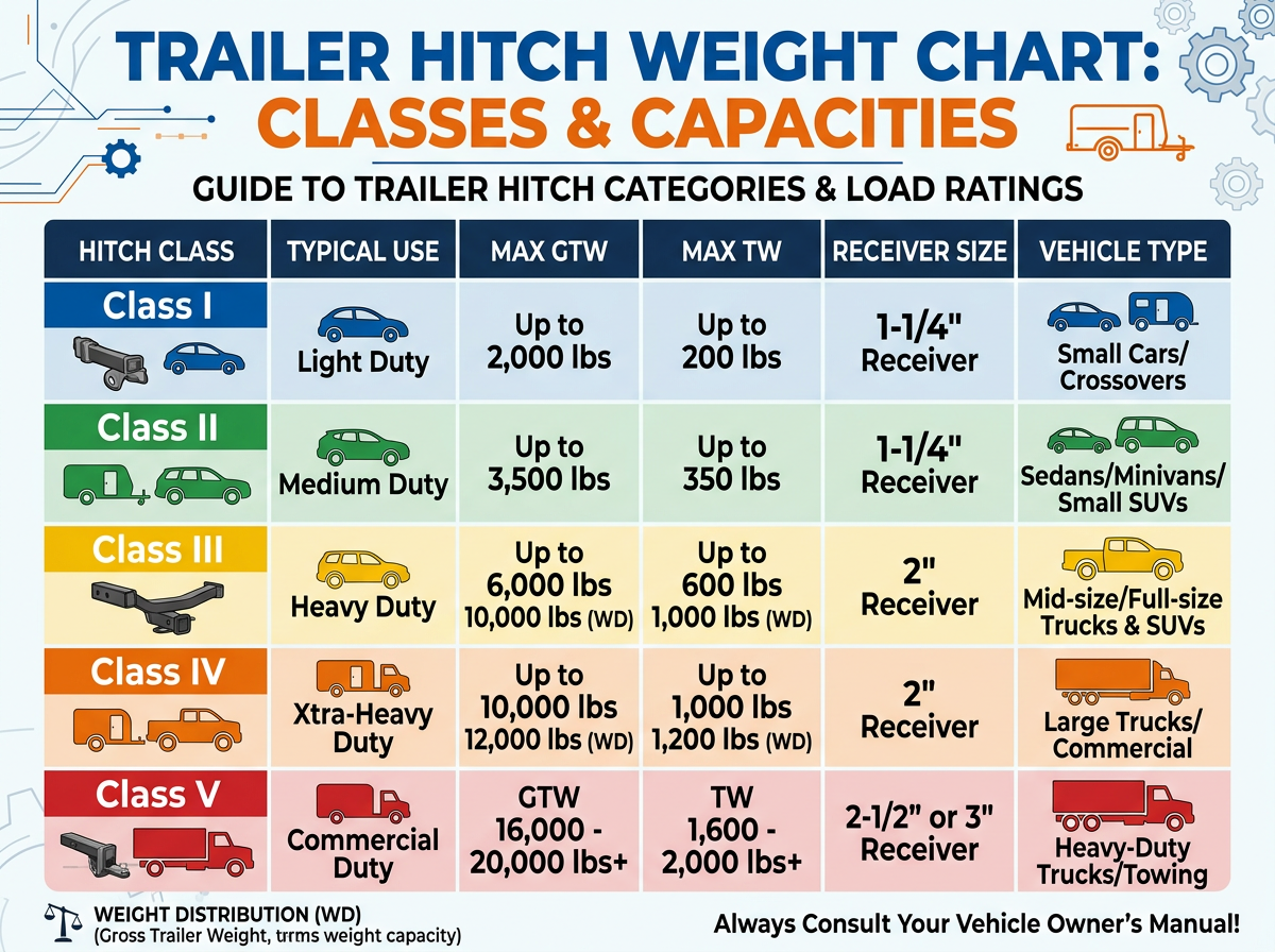 Trailer hitch weight chart detailing classes, typical use, max gross trailer weight, max tongue weight, receiver size, and vehicle types